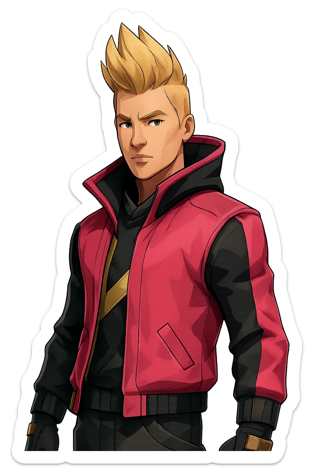 Fortnite Drift skin, unmasked, spiky blond hair, pink and gold jacket, stylized, no text sticker