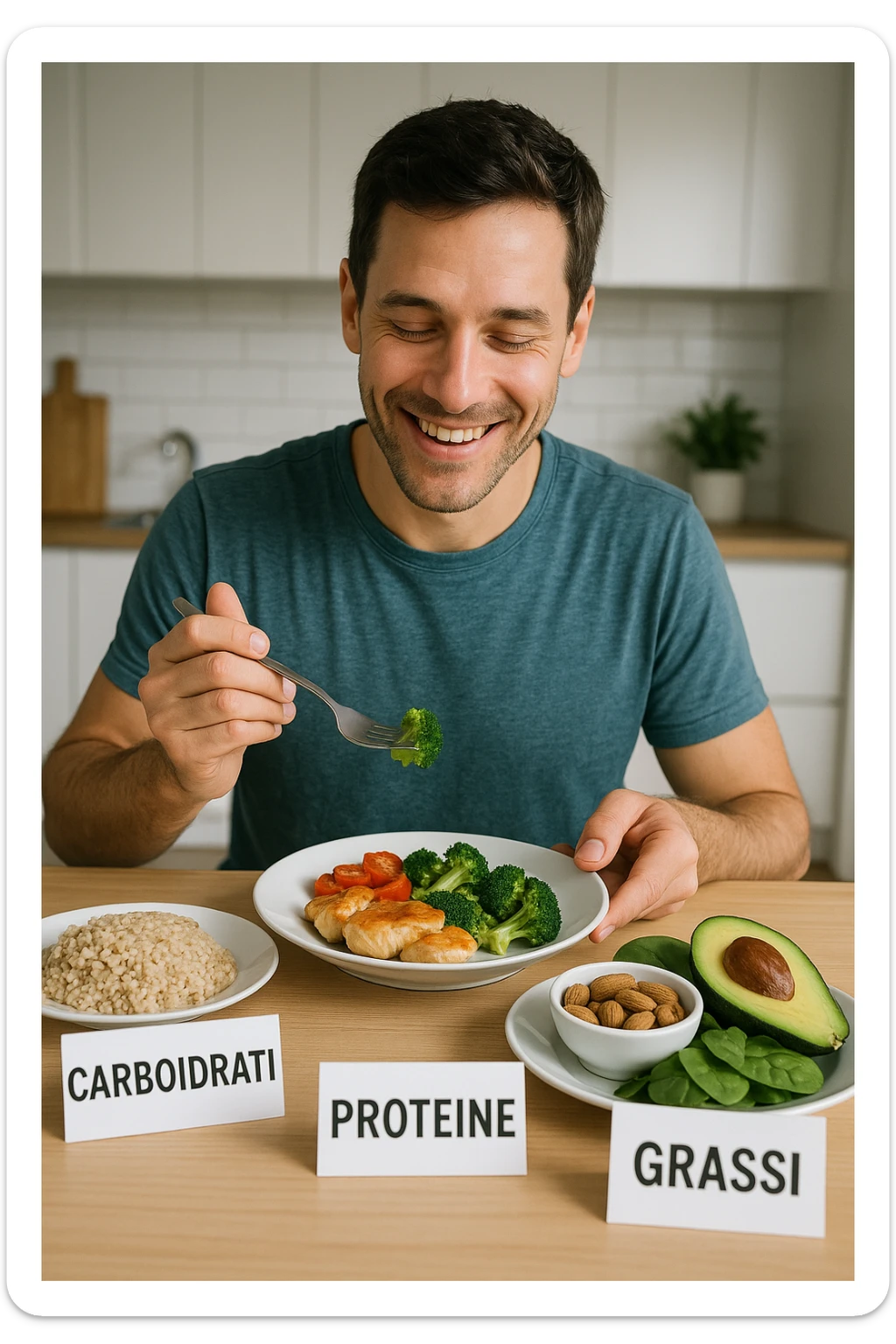 uomo che fa alimentazione attraverso i giusti macronutrienti. Scritte in ITALIANO immagine 4k realistica sticker