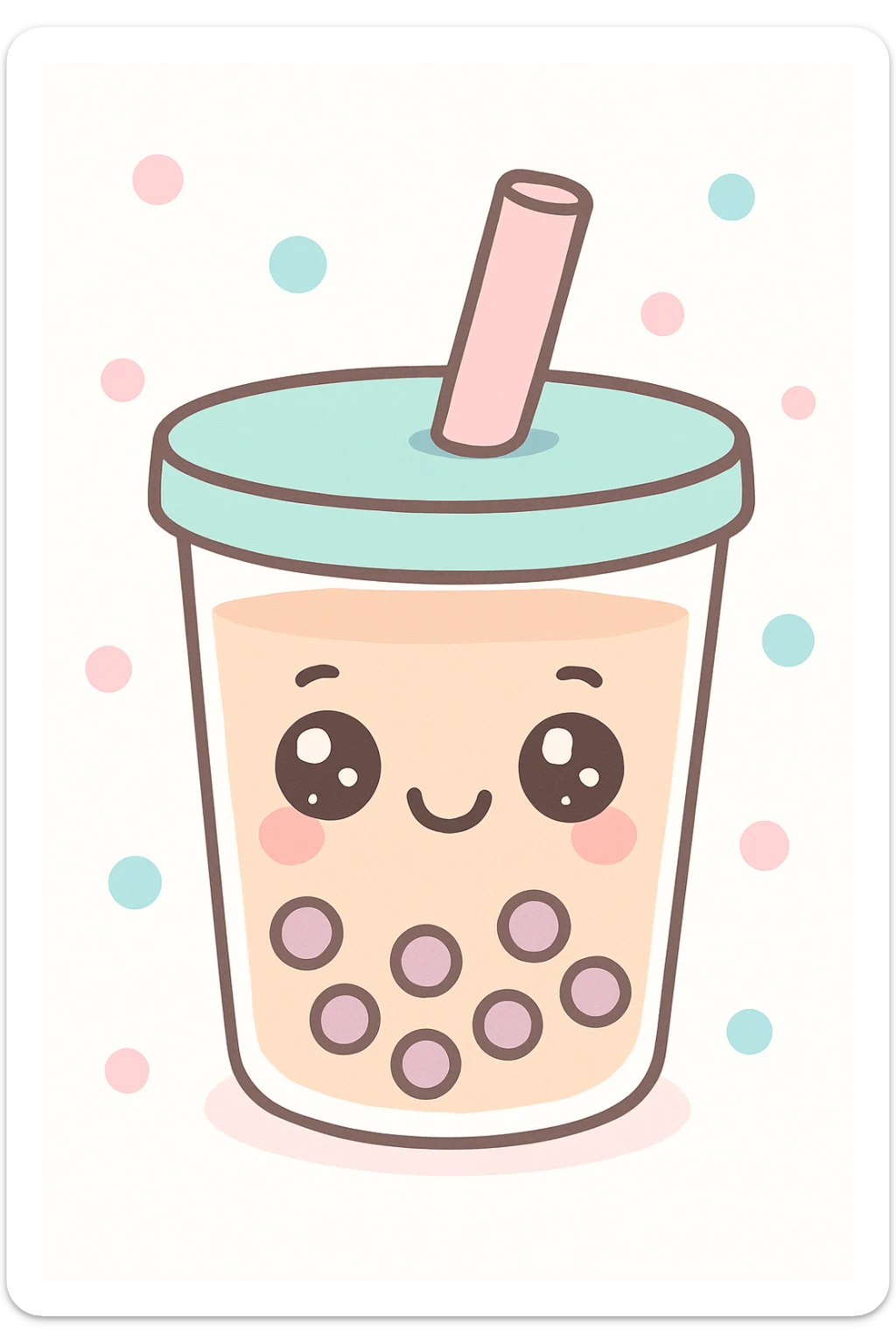 cute kawaii style bubble tea with a smiling face, pastel colors, big eyes, and a straw sticker