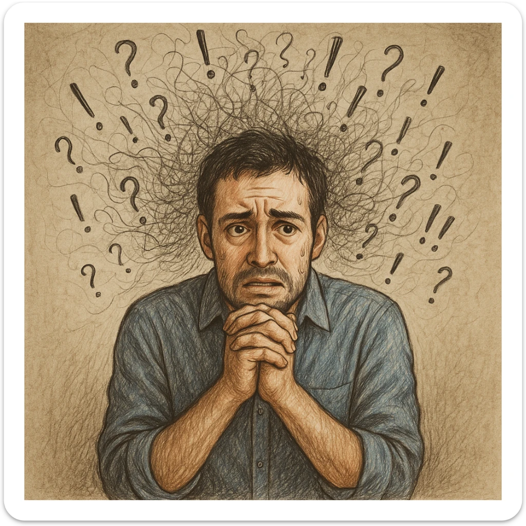 Realistic or illustrative style image of a 30-year-old man suffering from anxiety, inspired by the reference image. The man nervously clasps his hands with an anxious expression. The background shows graphic signs of disordered thoughts, conveying an atmosphere of mental tension. sticker