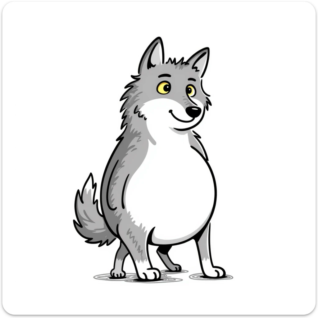Wolf with enormous pregnant belly, gray fur, yellow eyes, standing sideways to show the large belly sticker