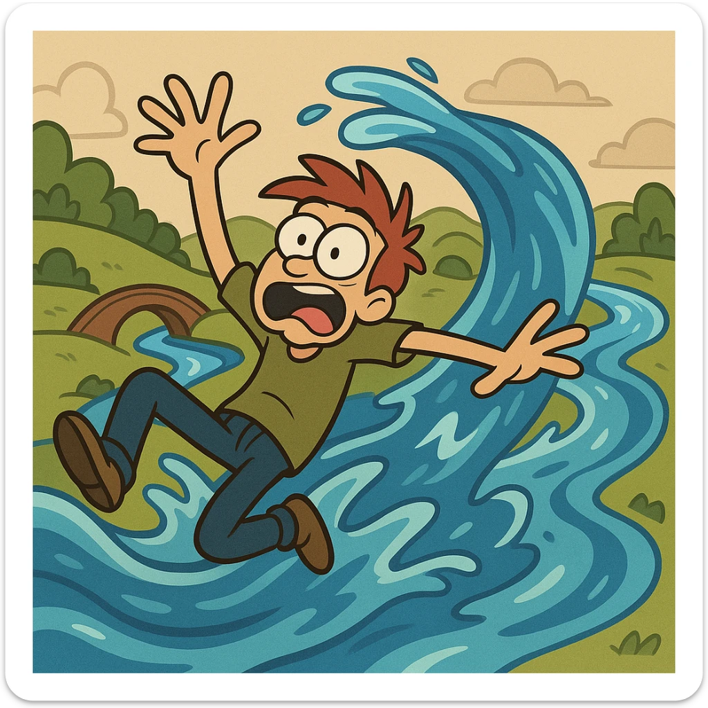 Show the flowing water as a cartoon river, with exaggerated motion, winding through a landscape, in a flat toon style. sticker