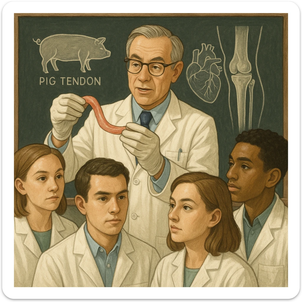 symbolic scene with a doctor showing a pig tendon to a group of students, explaining its use in human transplants, anatomical drawings on a blackboard in the background, educational atmosphere, 4K quality sticker