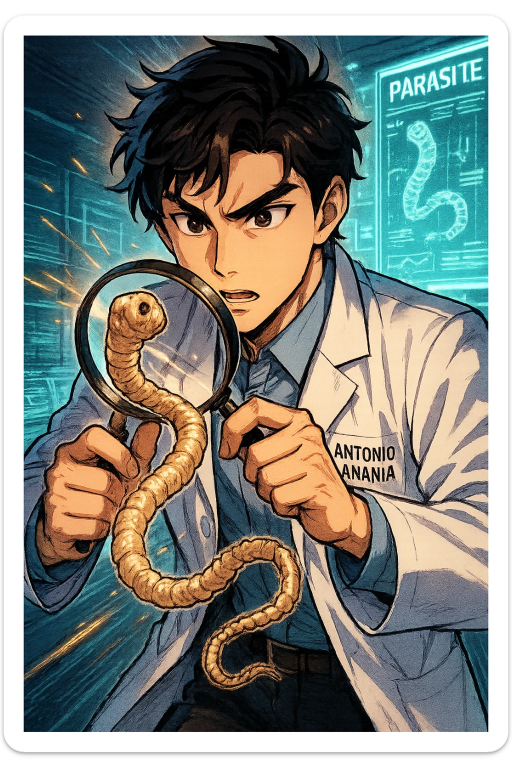 A dynamic manga/webtoon-style illustration of a young male kinesiologist wearing a clean white lab coat, analyzing light beige worms like a tapeworm under a magnifying glass. His expression is focused and slightly intrigued, with sharp, detailed eyes. The art style is vibrant, with bold linework, rich colors, and dramatic lighting. The background is a futuristic laboratory with glowing holographic screens displaying parasite data. The tapeworm is intricately drawn, slimy and segmented, with a slightly exaggerated yet realistic texture. The composition is dynamic, with motion lines or energy effects to emphasize his scientific investigation. The atmosphere is intense but not dark, keeping a balance between scientific seriousness and stylish manga aesthetics, he has "ANTONIO ANANIA" WRITTEN ON WHITE LAB COAT sticker
