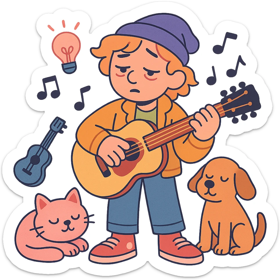 sleepy, creative musician with musical instruments, trendy clothes, and animal friends sticker