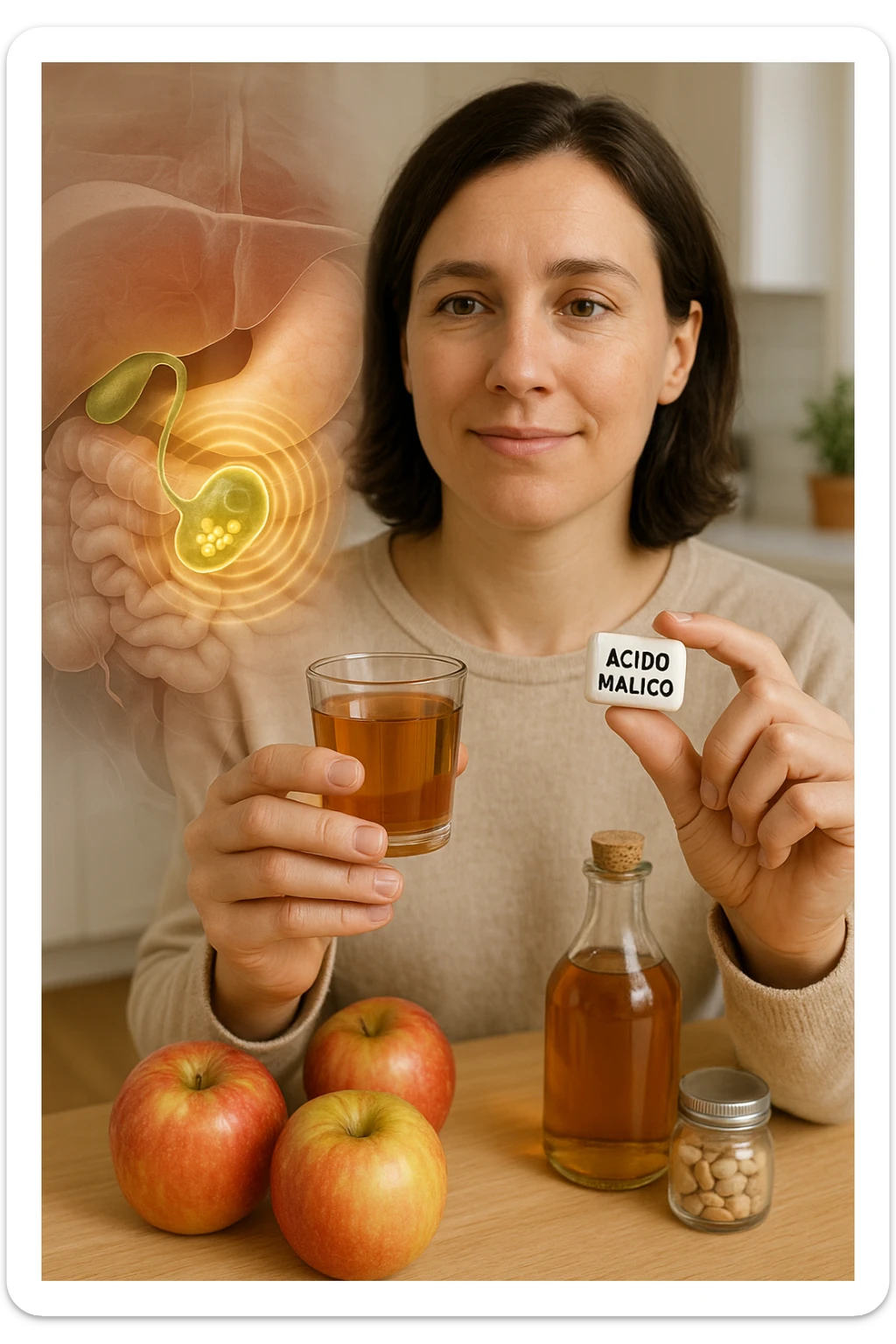 A detailed, realistic illustration or photo-style image showing a person holding a small glass of apple cider vinegar in one hand and a capsule labeled ‘Acido Malico’ in the other. In the foreground or as an overlay, a semi-transparent anatomical view of the abdomen highlights the gallbladder with visible small gallstones inside. Around the gallstones, gentle glowing waves or soft dissolving effects symbolize the softening or breakdown of the stones due to the natural acids. The person looks hopeful and calm, in a bright kitchen setting with fresh apples and natural health products on the counter. The overall mood is informative, natural, and hopeful about non-invasive, natural support for gallstone health sticker
