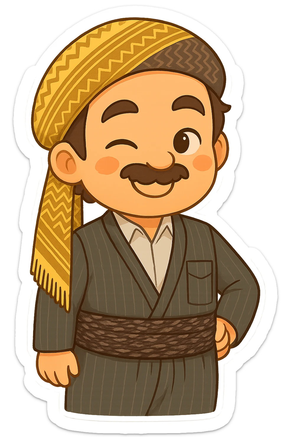 Cartoon sticker of a Kurdish man with the same clothes and scarf as the reference image, no changes to clothes or scarf, face with a winking and smiling expression similar to emoji 😉, colorful and cheerful, no shadows or color halos around the image, no text, suitable for WhatsApp and Instagram, fully transparent background. sticker