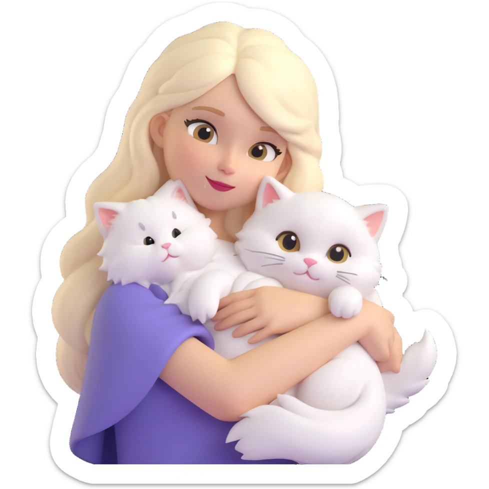girl with long blonde hair, white fluffy cat draped over her left shoulder, emoji style for chat platforms sticker