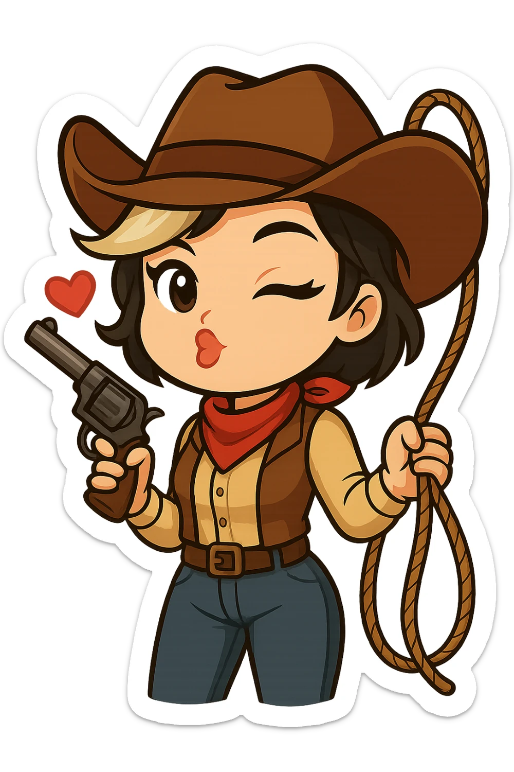 Edit this chibi cowgirl so she is holding a rope (lasso) in her left hand, as if she's just blown a kiss. Keep the new anime-style eyes, pose, winking and blowing a kiss expression, outfit, right gun, and all other details unchanged. Maintain the chibi stickers style and transparent background, sized for Twitch or Discord use. sticker