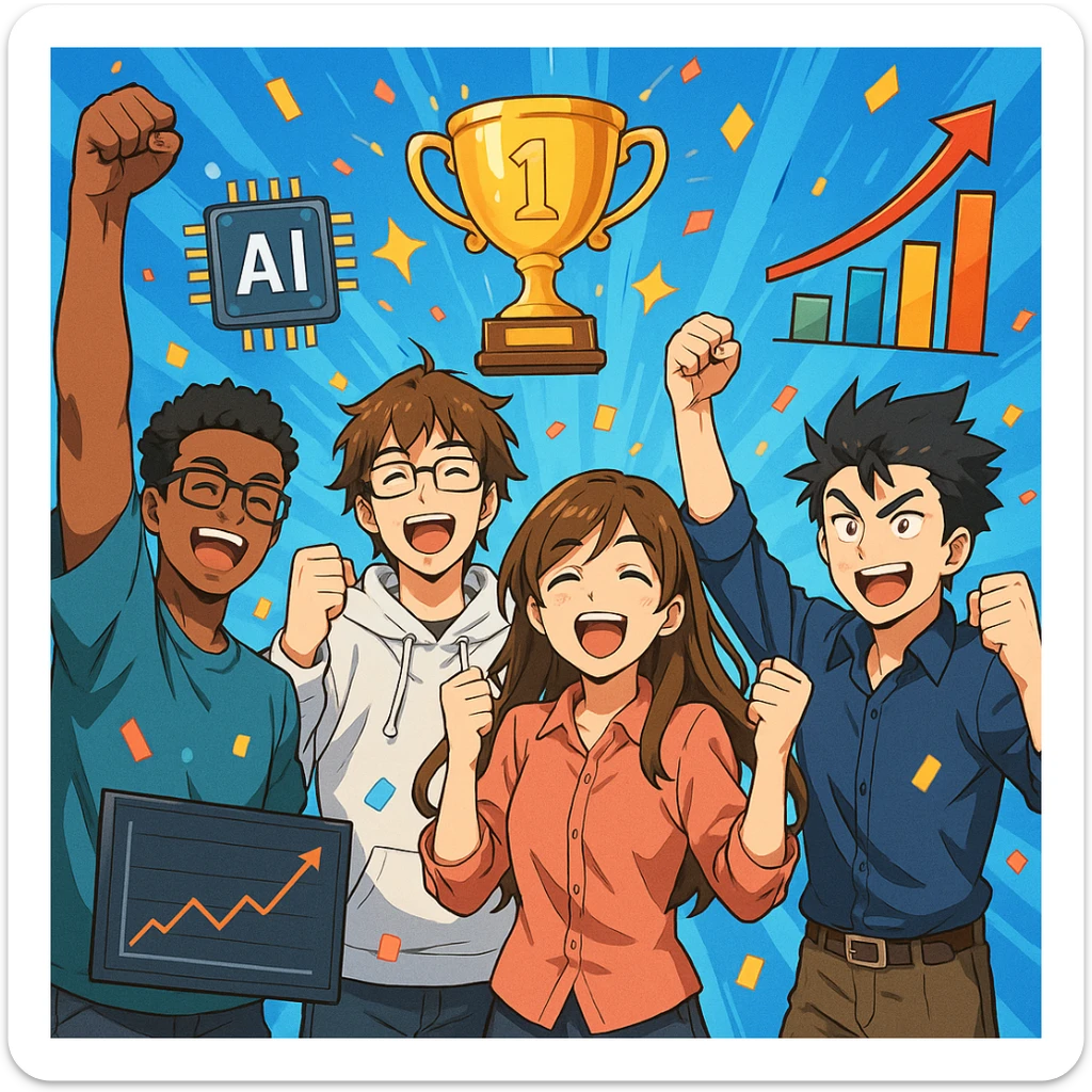 groupe de développeurs IA/ML heureux, levant les bras en signe de victoire, entourés de symboles de réussite comme trophée, confettis, graphiques en hausse, style anime dynamique sticker