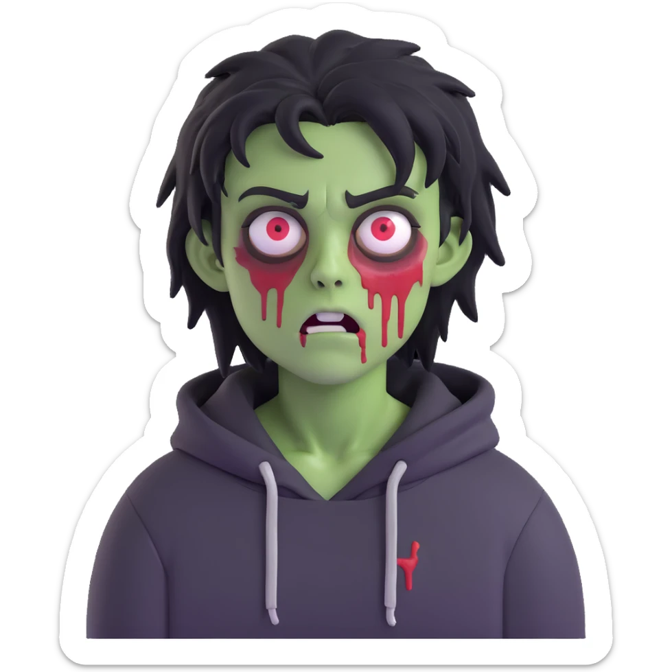zombie with black messy hairstyle, tired face, bruises under the eyes, black hoodie sticker
