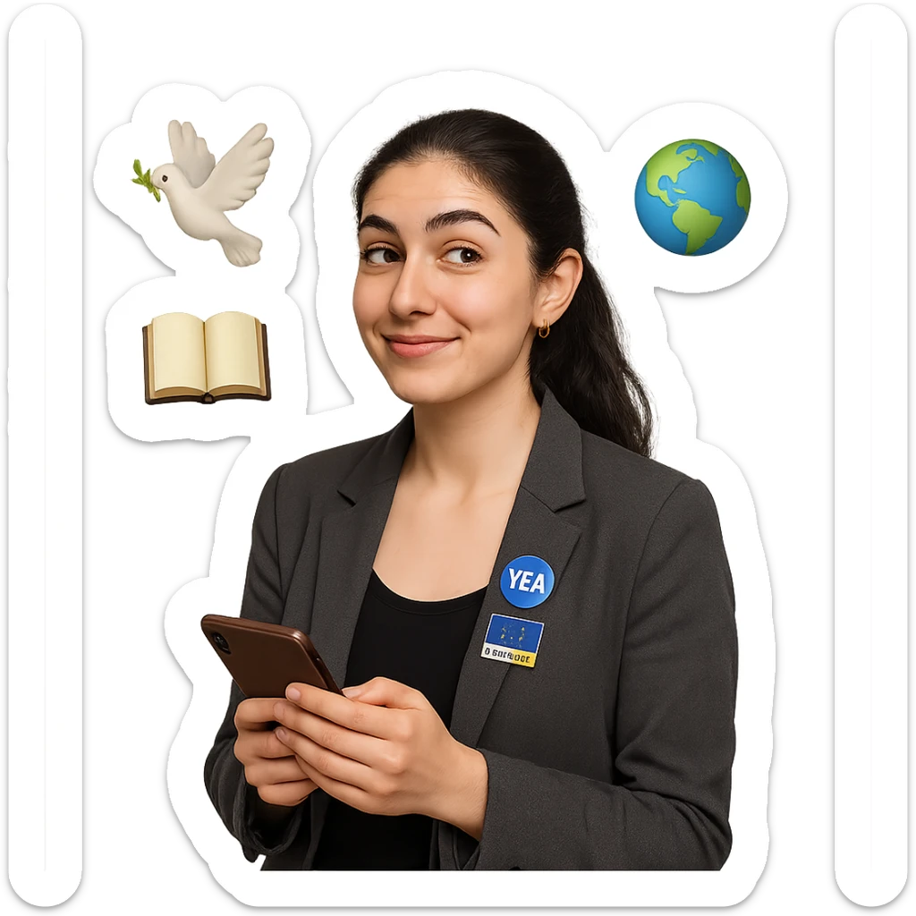 A kind, passionate young woman from Gyumri with expressive brown eyes, long dark hair tied back, wearing a smart-casual blazer with a YEA or EU4Youth badge, holding a notebook or phone. Her expression is friendly, thoughtful, and a bit playful. Around her head float subtle emoji-like symbols: a dove representing peace, a book representing education, and a globe representing international dialogue. sticker