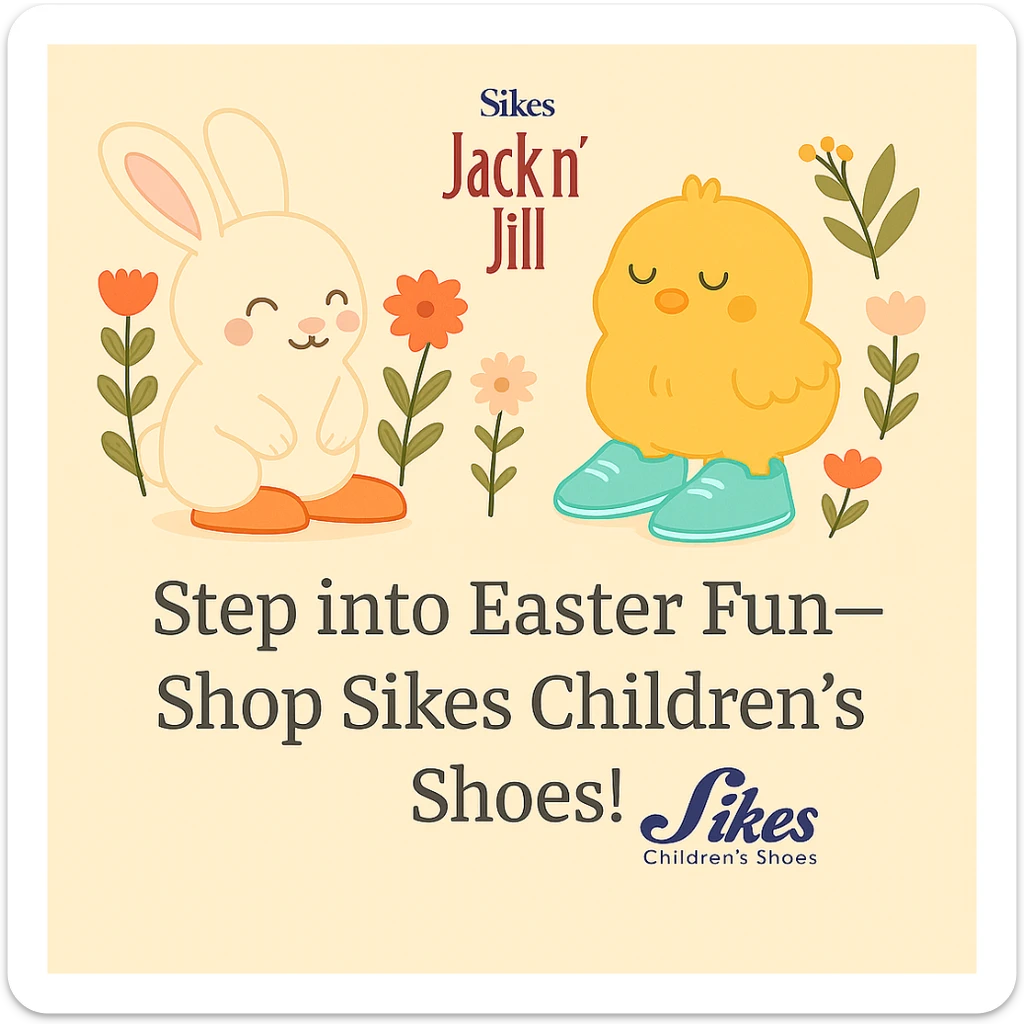 Restore the full Sikes Children's Shoes logo so it is completely visible, but keep it small and subtle. Maintain the pastel background, bunny and chick with shoes, floral accents, and the headline: 'Step into Easter Fun—Shop Sikes Children’s Shoes!'. Ensure the entire logo is present and not cropped. sticker