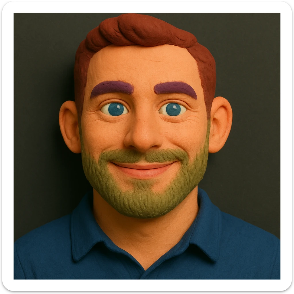 Claymation portrait with a younger face, narrower nose, narrower chin, friendly and confident facial expression, slightly larger forehead, anthracite background, alternative color accents. sticker