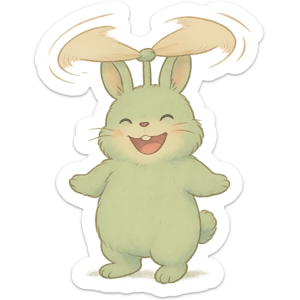 fluffy bunny fan, ears spinning as blades, cheerful face, pastel green, full-body sticker
