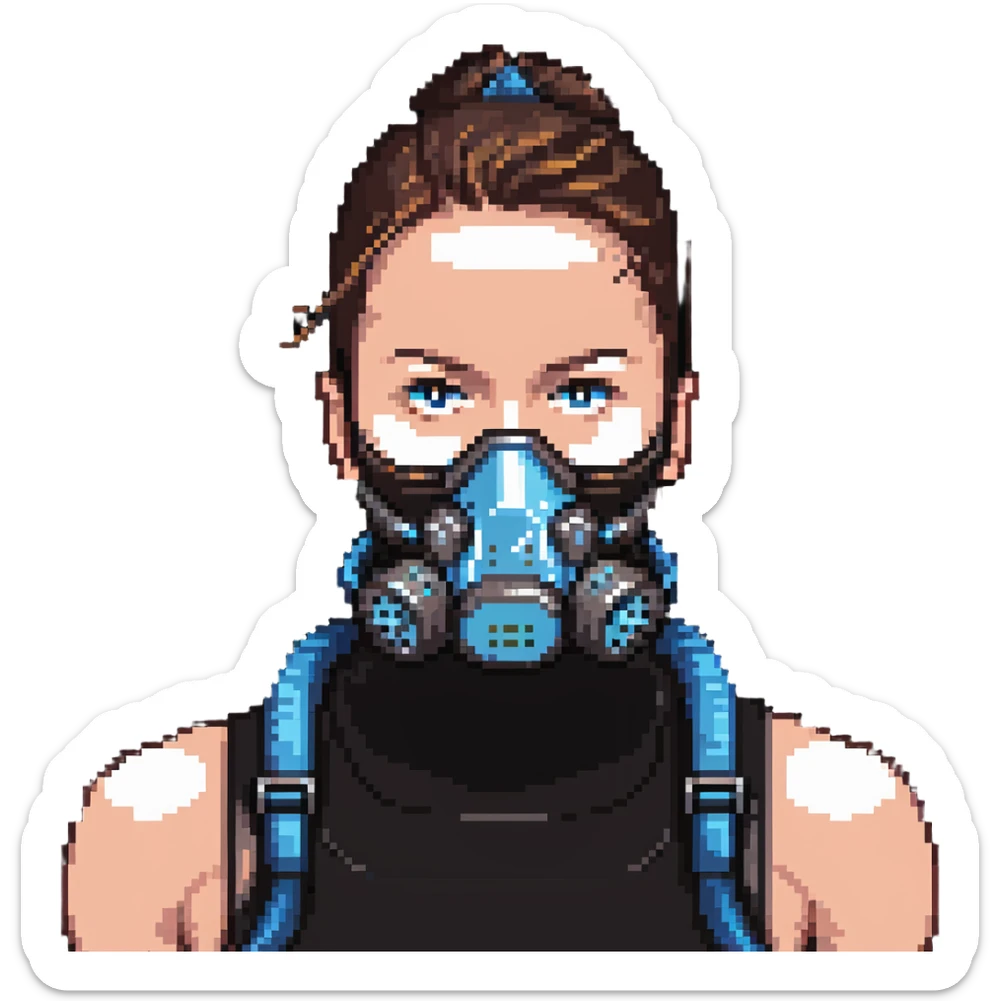 Pixelated athlete with VO2 max face mask and breathing apparatus, fitness lab testing sticker