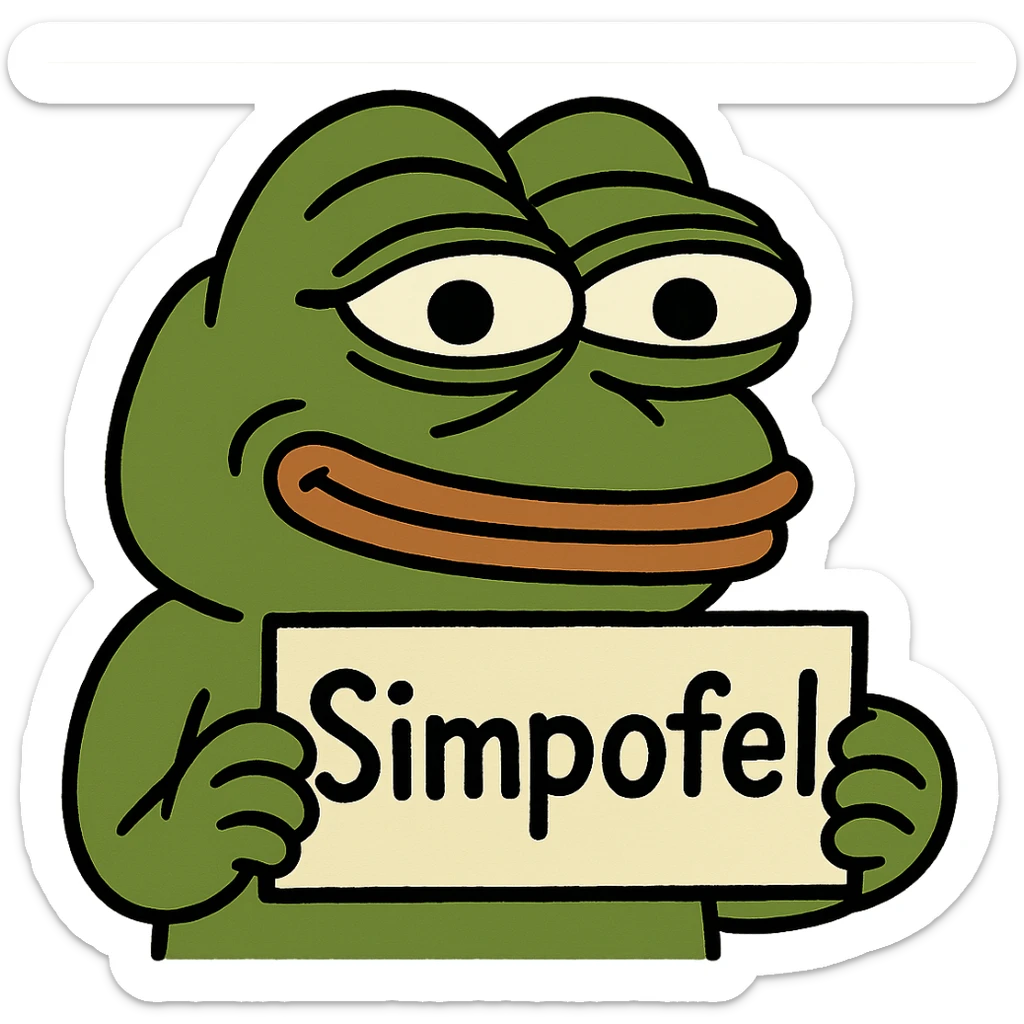 Pepe the Frog holding a sign with the word 'Simpofel' written on it, clear and expressive, suitable as a Discord emoji sticker