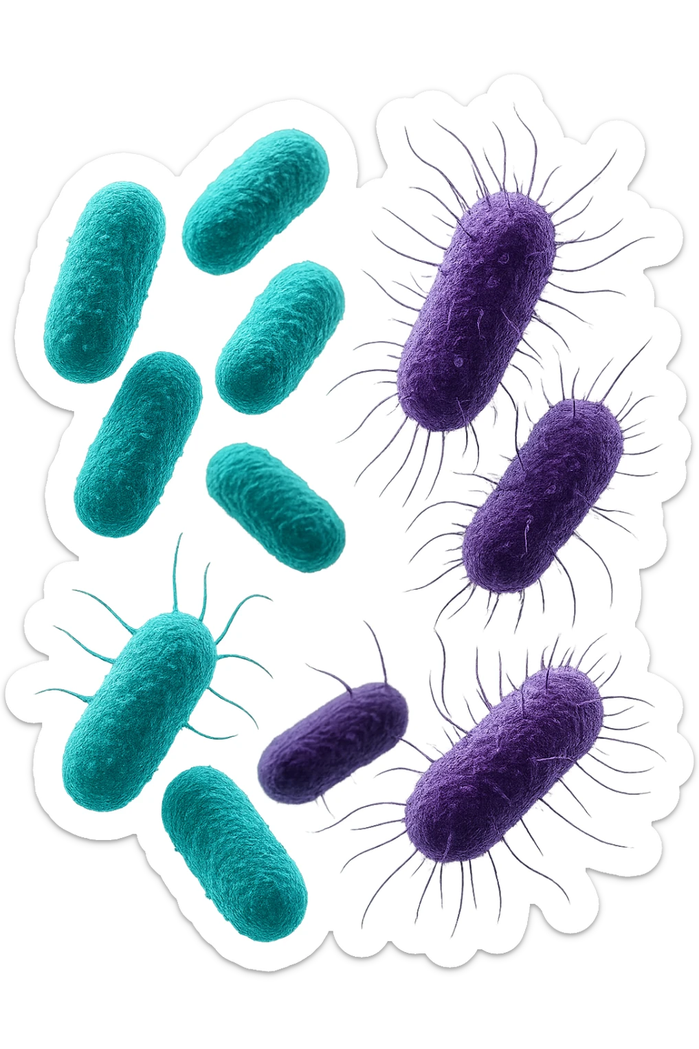 5 BATTERI BUONI E 5 BATTERI CATTIVI FLUTTUANO IN ARIA, I BATTERI BUONI FALLI TURCHESI, I BATTERI CATTIVI FALLI VIOLA, IPERREALISTICO 4K, NON DISEGNATO sticker