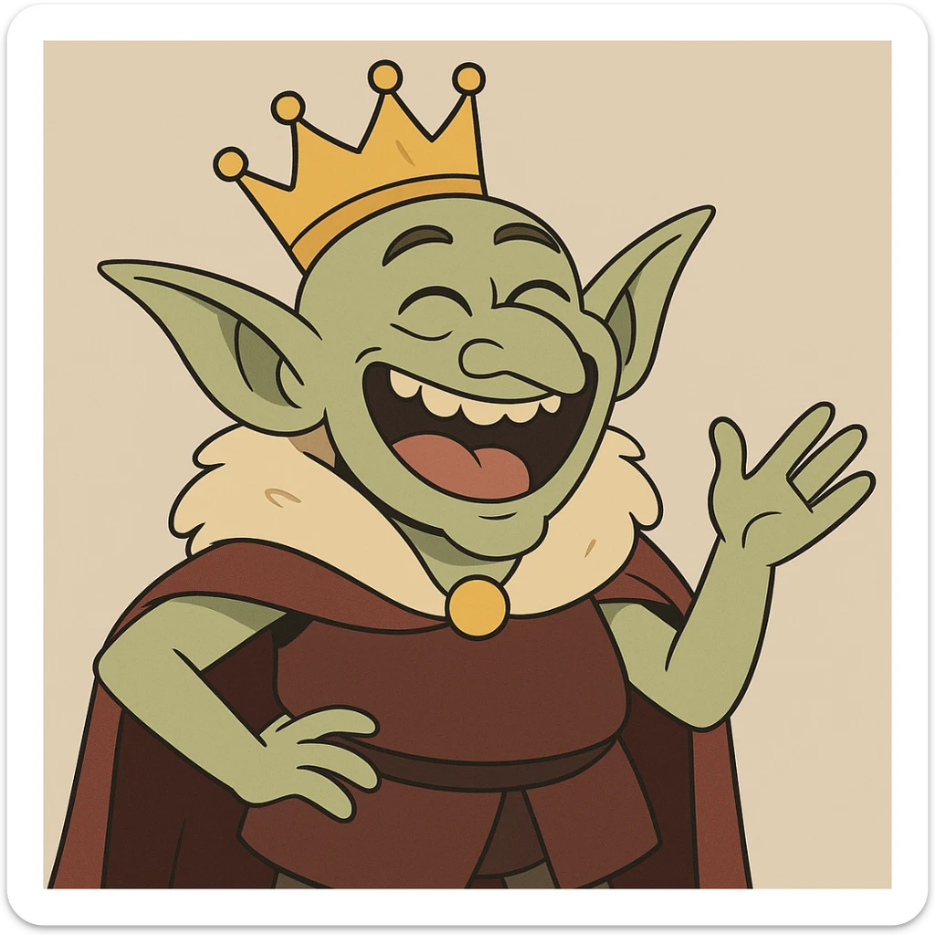 happy goblin king, cartoon style, big smile, playful crown sticker