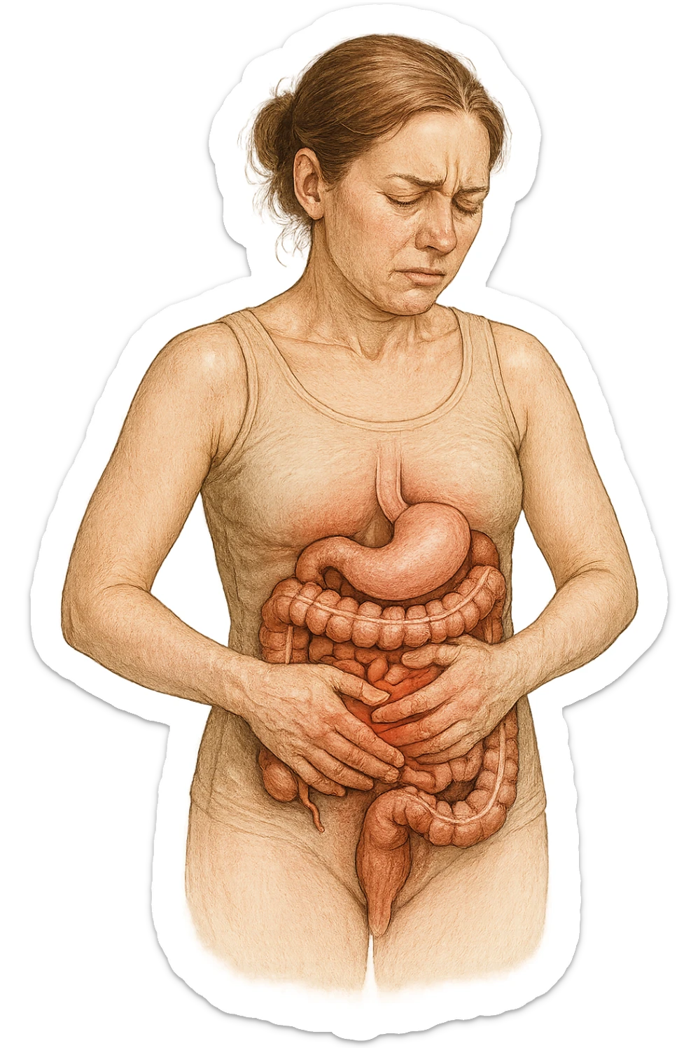 DONNA CON PANCIA DOLORANTE E INTESTINO UMANO ANATOMICO VISIBILE, ISOLATO SU SFONDO BIANCO sticker