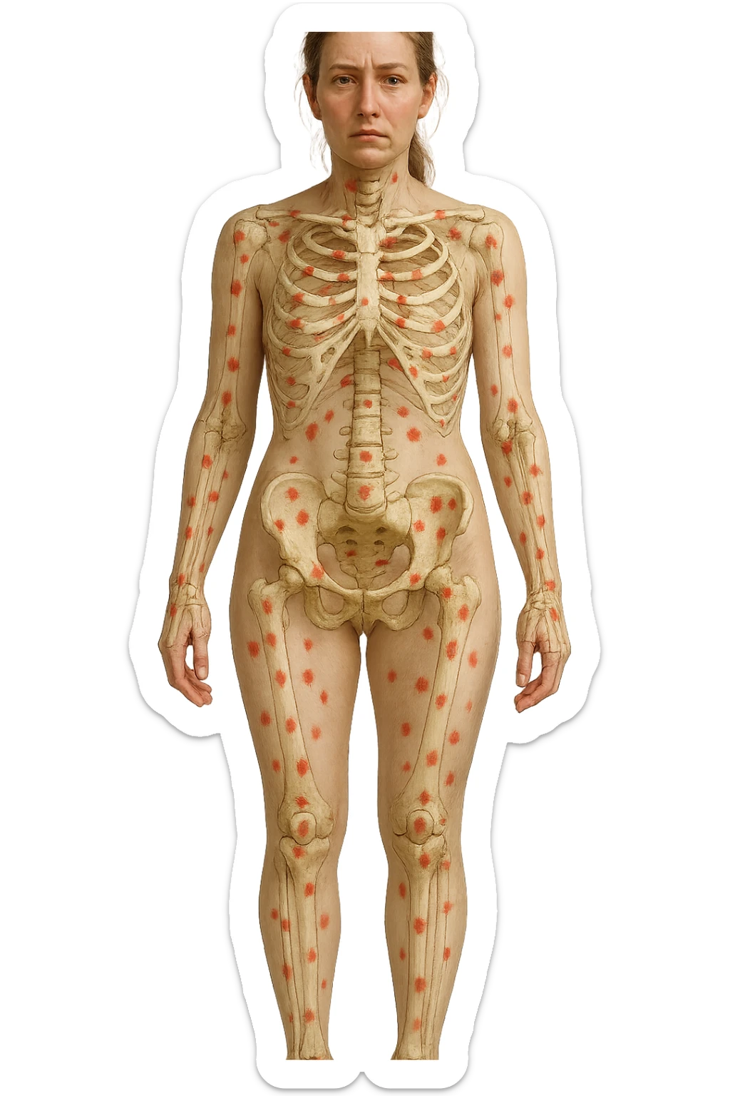 donna realistica a figura intera con red spot sparsi alle ossa, ossa del corpo visibili sul corpo, non sul volto iperrealistico 4k sticker
