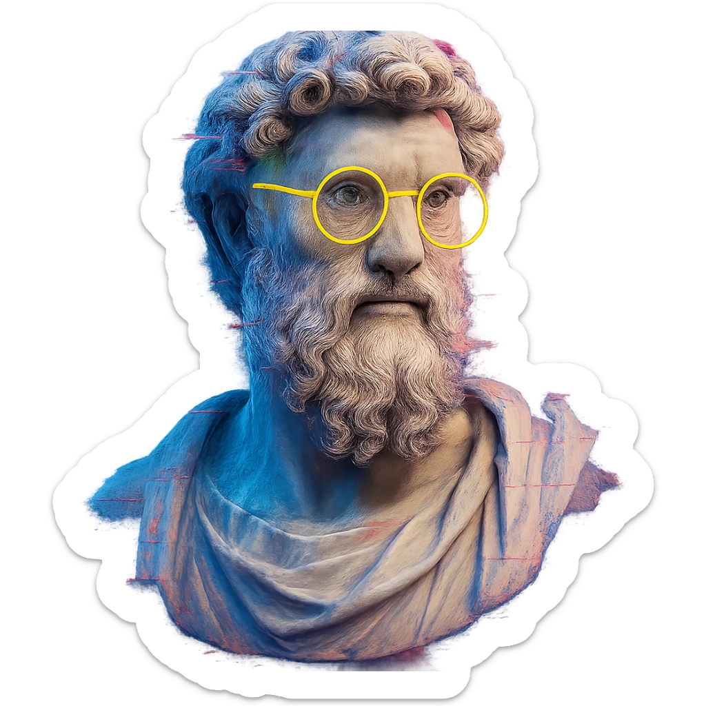 Greek marble bust, curly hair and beard, neon yellow round glasses, digital glitch effects, cyberpunk futuristic, centered, ultra-detailed, soft shadows, clean edges, transparent background sticker