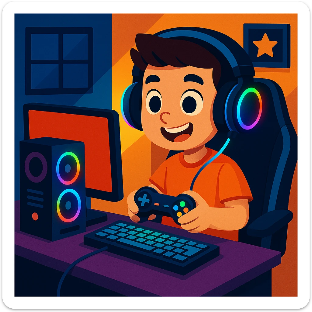 Add headphones and LED lights to the young boy with a gaming setup in a modern and fun style. sticker