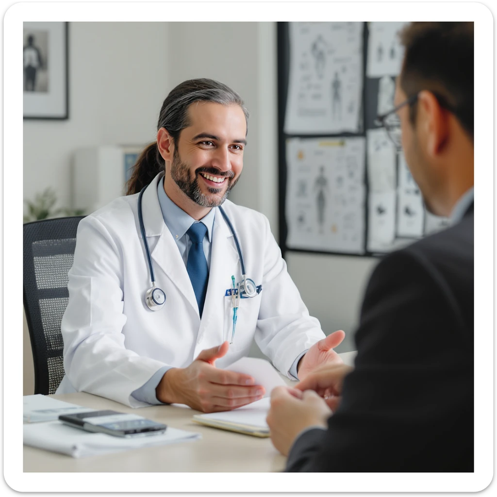 vertical scene in a professional medical office, a doctor suggesting orthotic insoles to a client with poor posture, including symbols of exercises and other specialists to communicate a holistic approach, professional illustrative style sticker