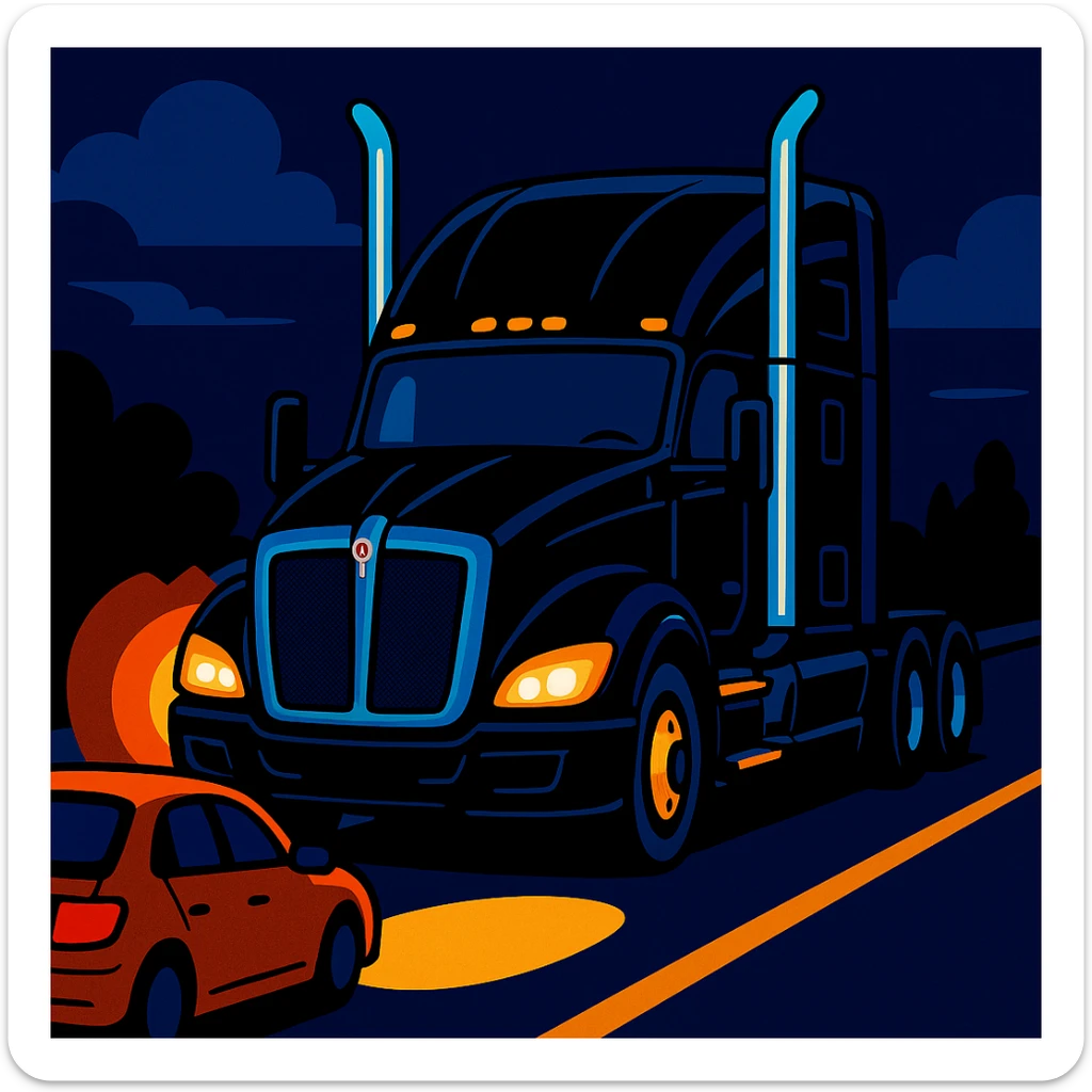 2026 Black Kenworth T680 Sleeper semi truck with tall chrome muffler stacks, headlights on, driving down a road with a car in front, stylized illustration, night scene sticker