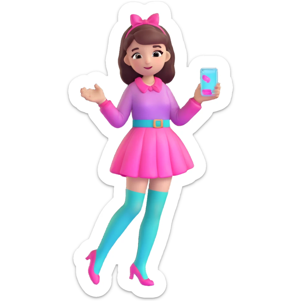 Cute girl character in stockings adjusting fashion accessory, pink gradient from bright pink to light pink, transparent glass style with highlights sticker