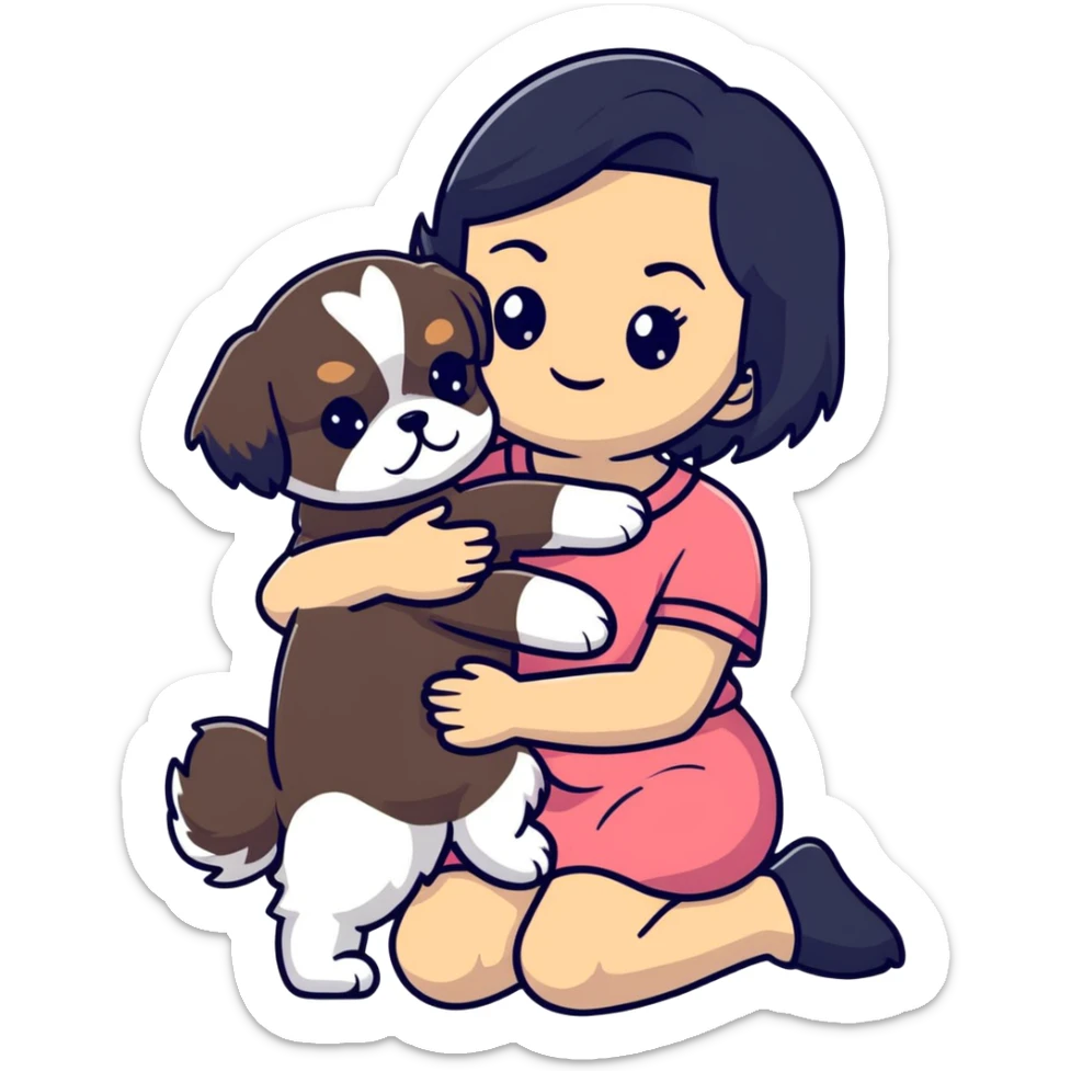A girl with black hair hugging a Shih Tzu dog sticker