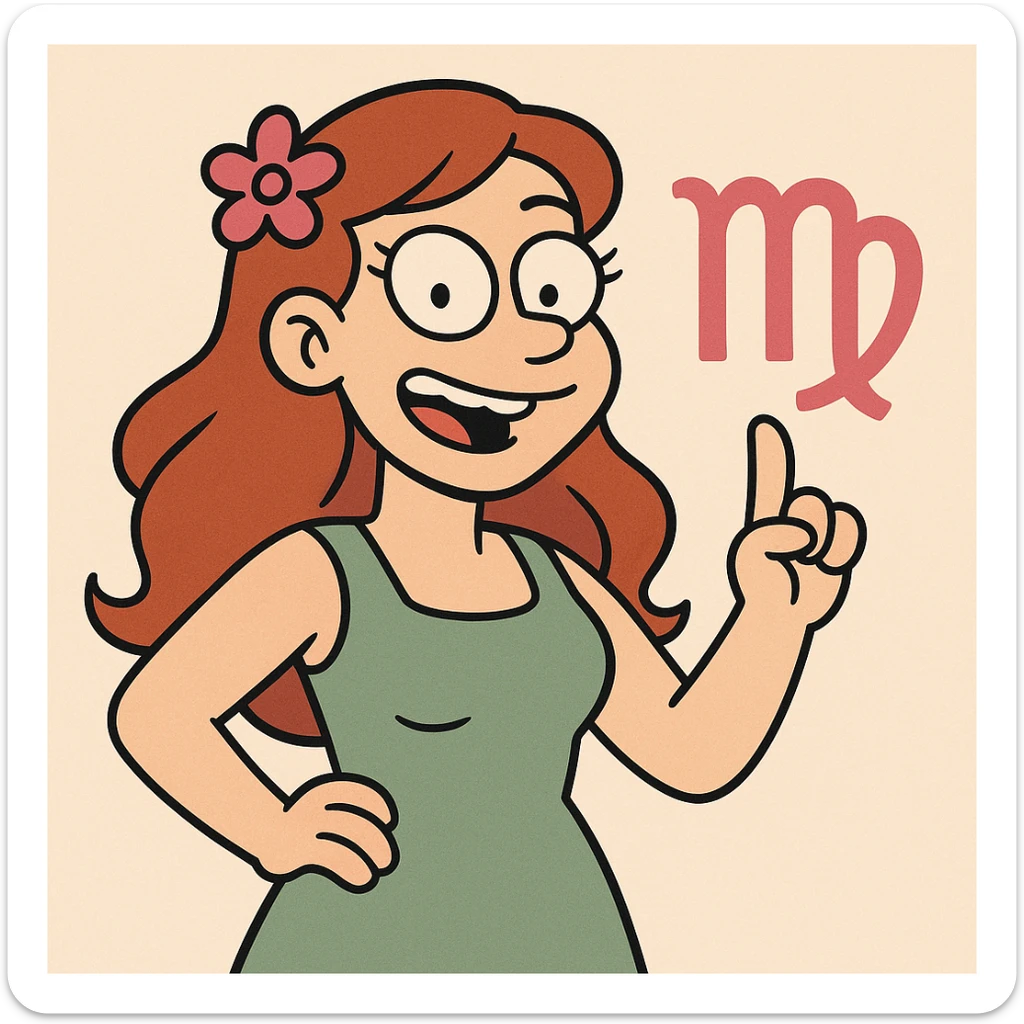 Virgo zodiac glyph, bold graphic cartoon style, vibrant colors, playful look sticker