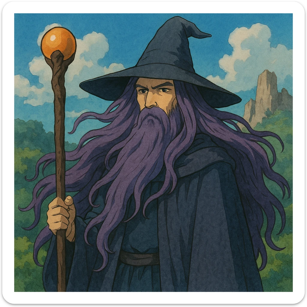 mysterious wizard with long flowing purple hair, holding a staff, fantasy illustration style sticker