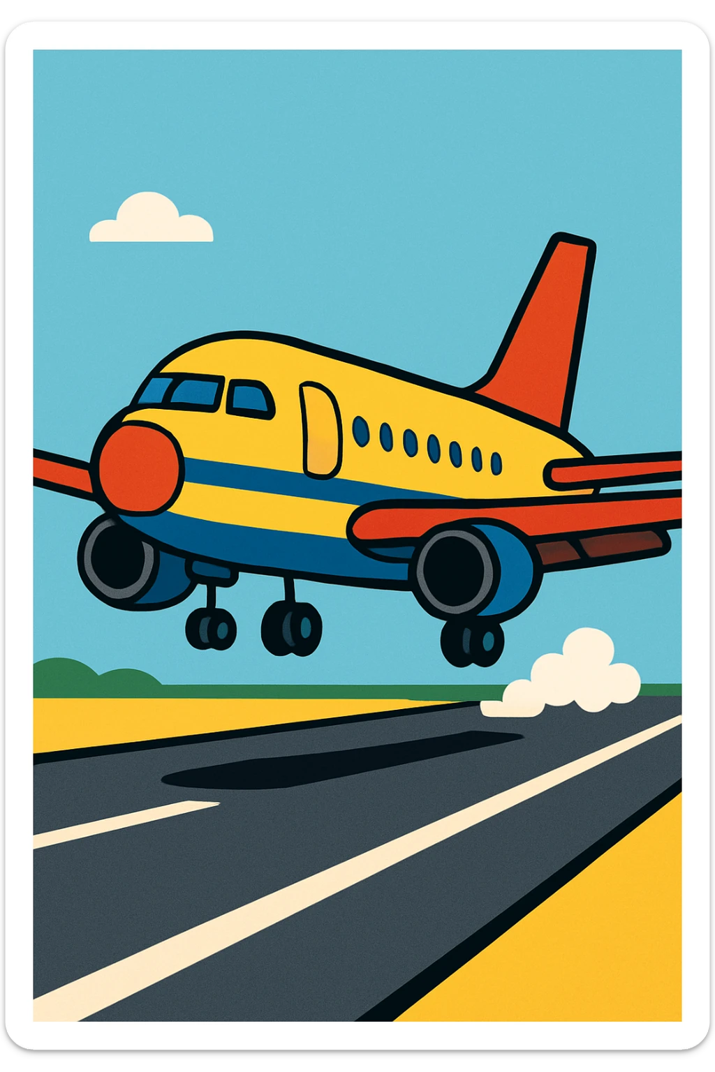 avion qui atterrit, illustration moderne, couleurs vives, fond simple sticker