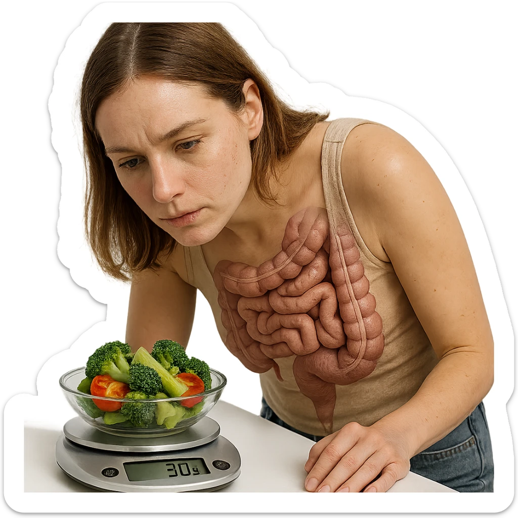 realistic woman with visible intestine leaning towards the camera, weighing 30g of vegetables on a kitchen scale, readable display showing '30g', gaze fixed on the display, white background, realistic style sticker