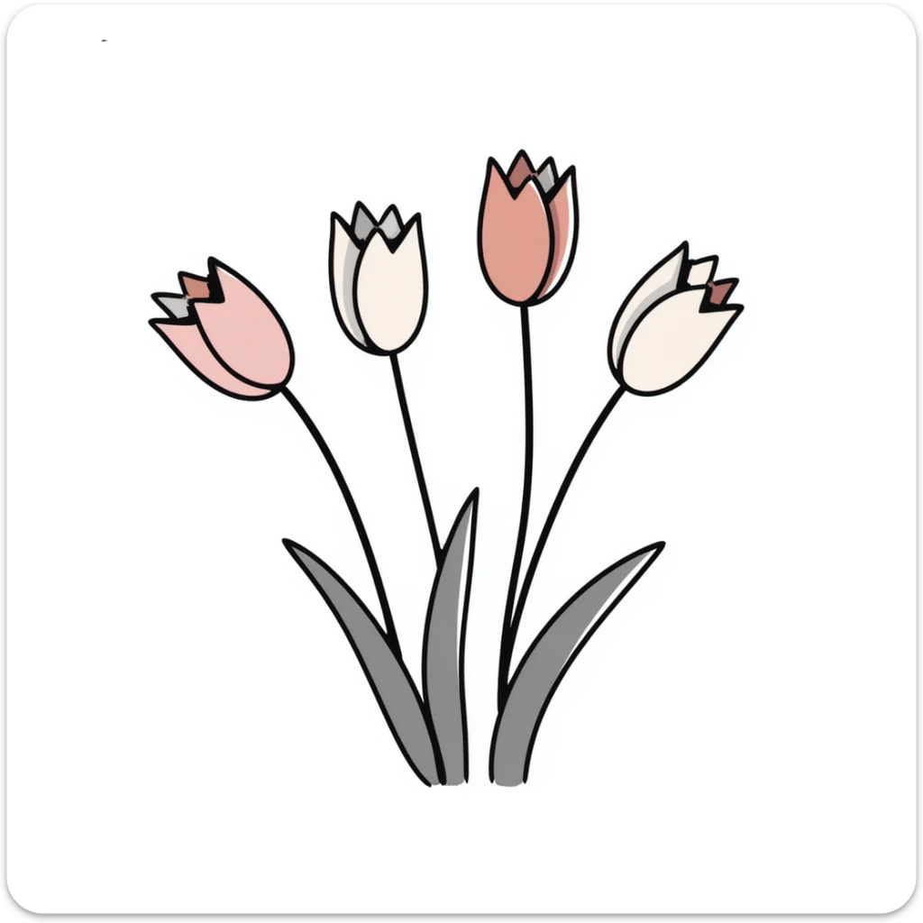Bouquet of tulips with stems and leaves. Using specific pastel colors (dd9fb0, ffc6d3, a3bfc9, c4bee2, f1b091). Hand-drawn doodle style with delicate flower details. Multiple tulip blossoms in different stages of opening. Elegant floral design with transparent background. sticker