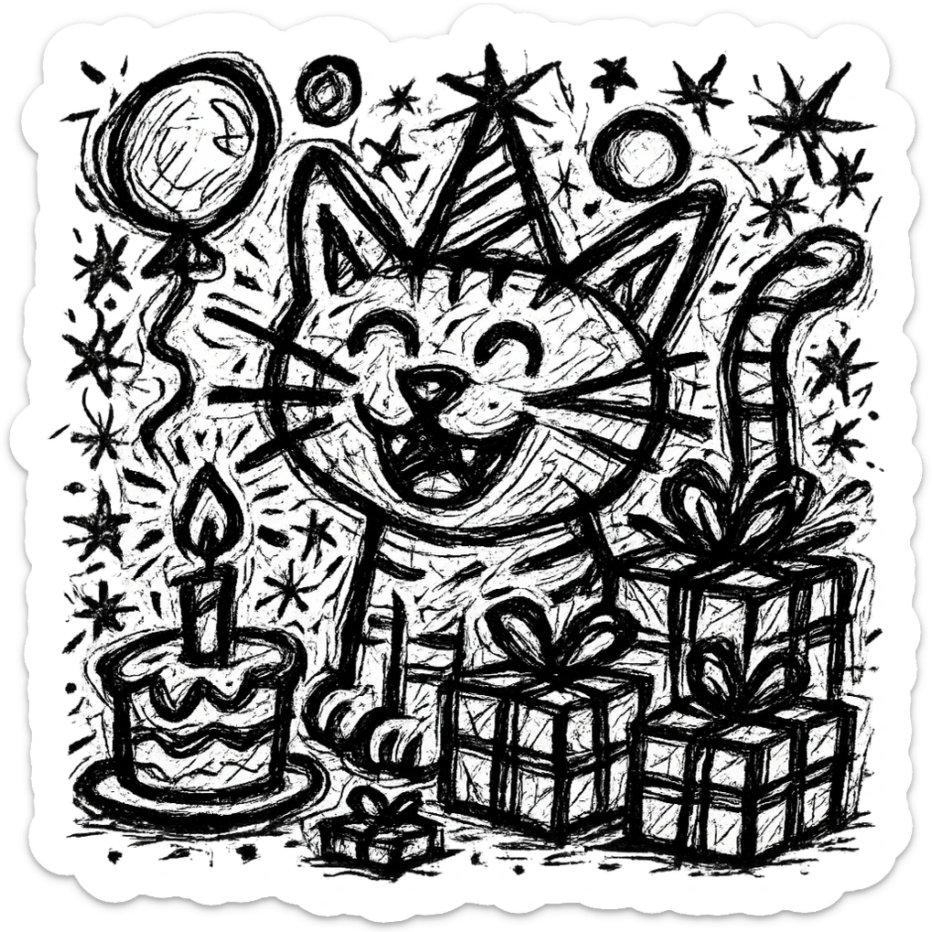 Add more gifts around the kitten, keeping the chaotic outlined style and all original elements intact sticker
