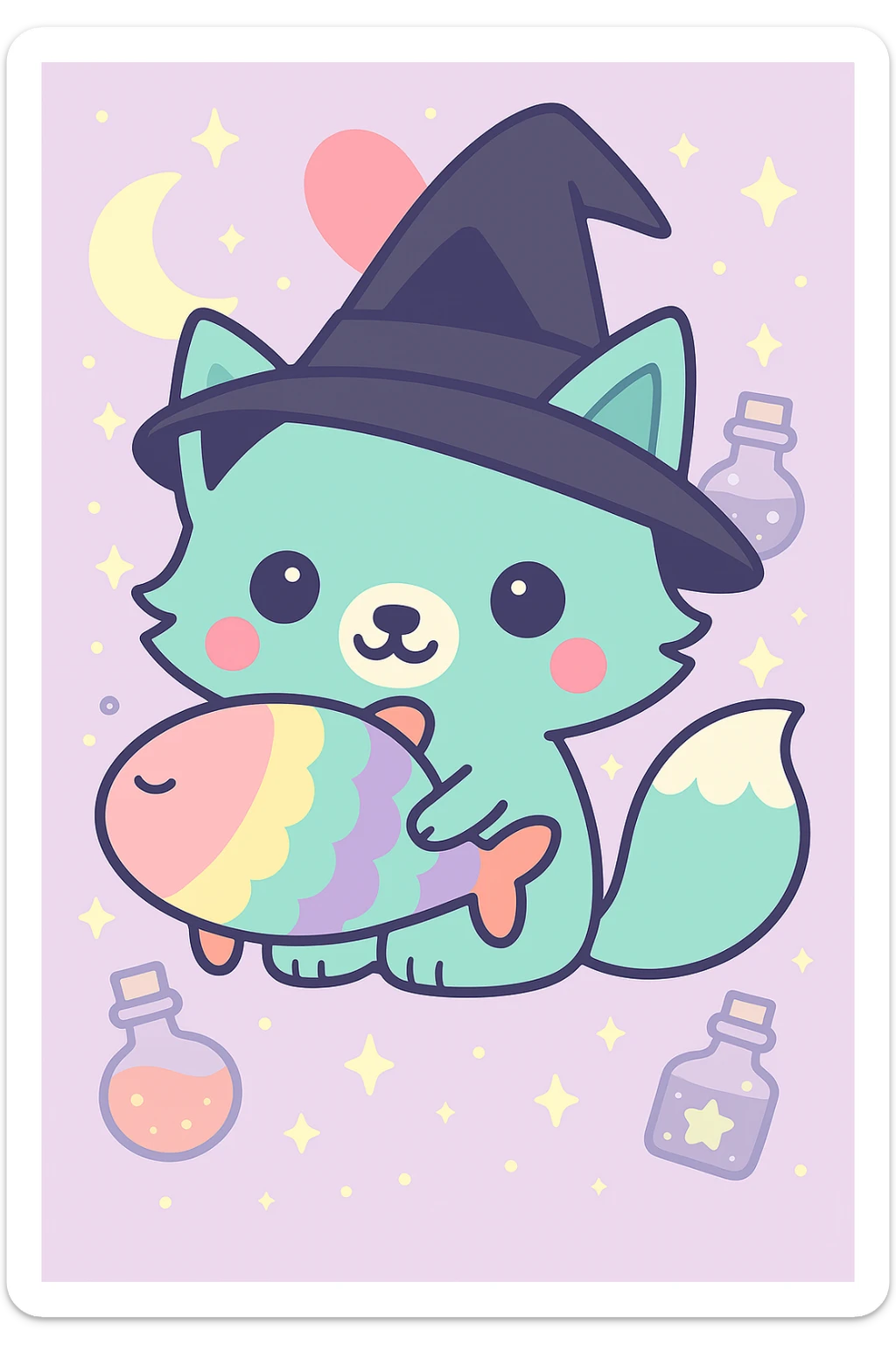 Change the witch hat on the blue fox to purple and add sparkles to the hat, keep the magical, witchy background and big pink heart, in kawaii cartoon style. sticker
