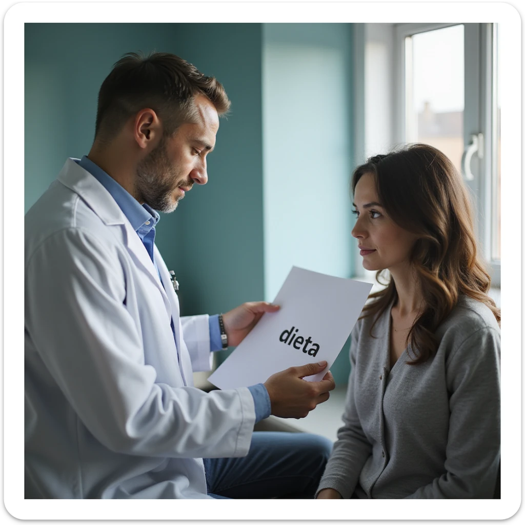 hyperrealistic 4K image of a male nutritionist in a white coat giving a sheet with the word 'dieta' to a seated woman in a medical office, variation 6 sticker