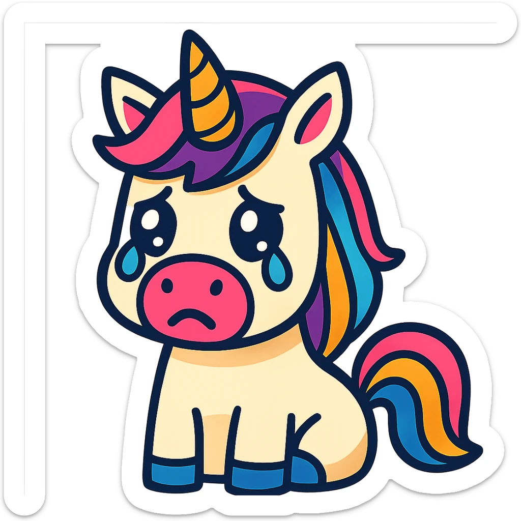 a unicorn with tears in its eyes, looking sad, vibrant cartoon style sticker
