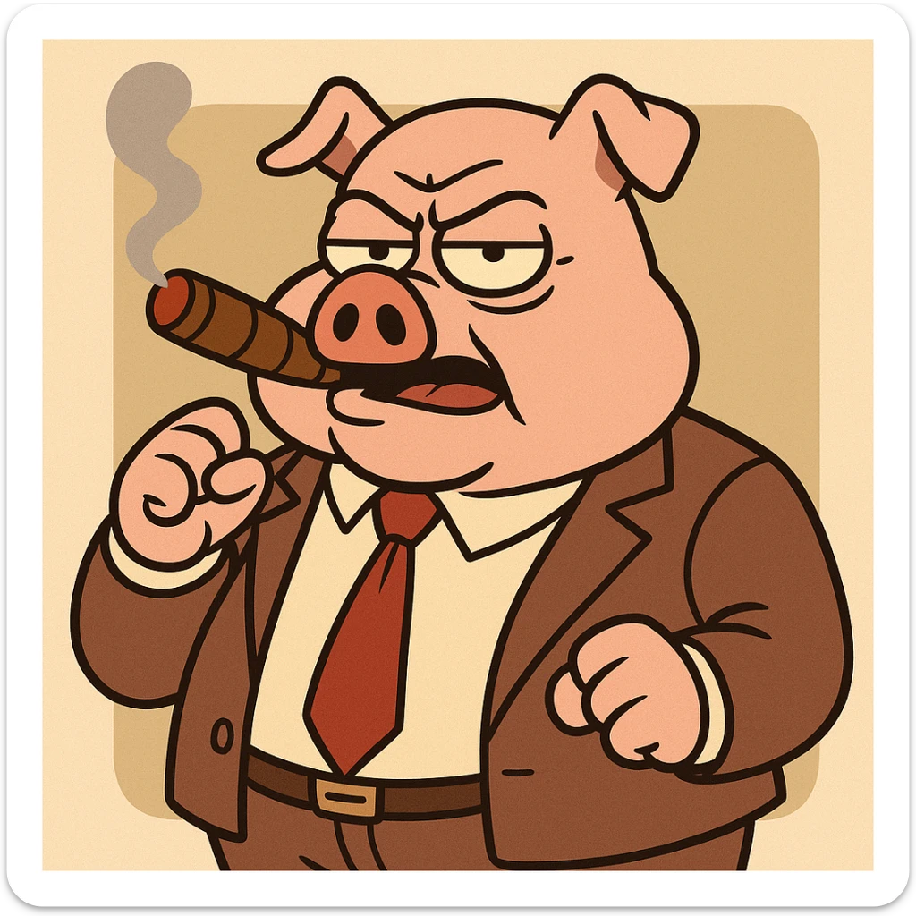 boss hog piggy, wearing a suit and tie, holding a cigar, cartoon style sticker
