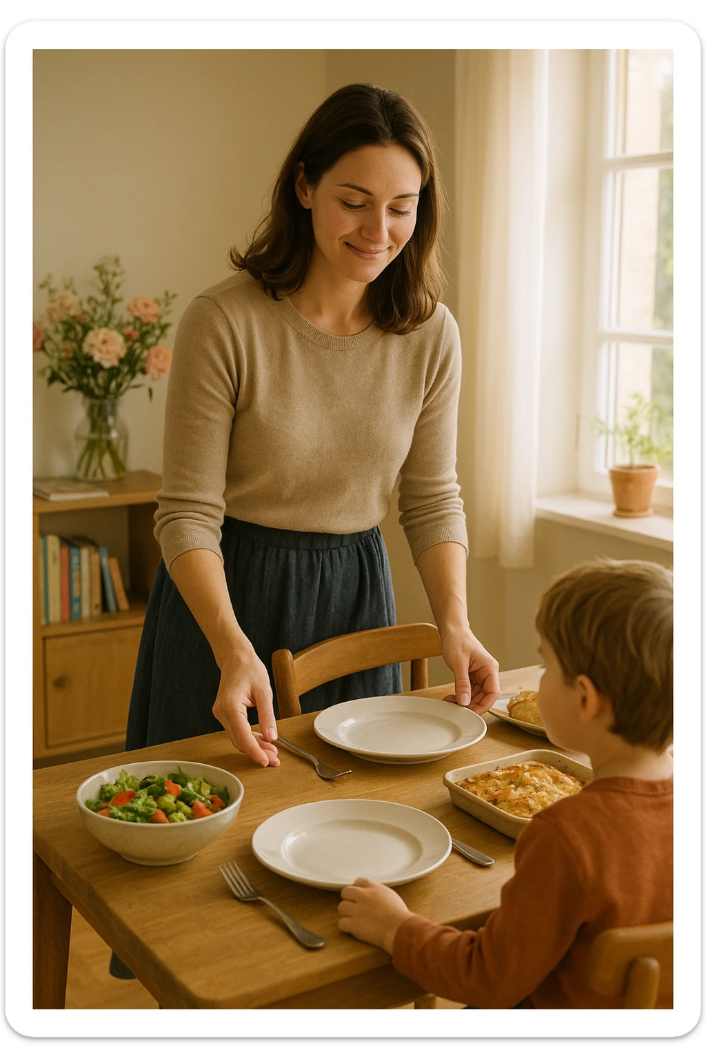 "Donna tra i 30 e i 40 anni, all’interno della sua casa luminosa, mentre prepara la tavola o accudisce i figli con un’espressione dolce e serena. Indossa abiti semplici e curati, simbolo di cura e presenza. Sullo sfondo si vedono dettagli di una casa armoniosa: fiori freschi, libri per bambini, un pranzo in preparazione. La scena trasmette calore, dedizione e stabilità familiare. Elementi visivi di supporto: luce solare che entra dalla finestra, atmosfera calda e rassicurante. Stile realistico con toni caldi e tenui sticker
