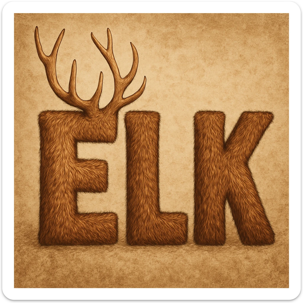Block letters spelling ELK, each letter textured and colored to look like elk fur, with antlers on the E. sticker