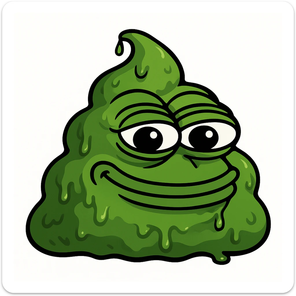 Make this green, goopy AI slop emoji look more like the classic poop emoji shape, but keep the green color and goopy, slimy texture. Add a mischievous, silly face in the style of Pepe the Frog meme. sticker