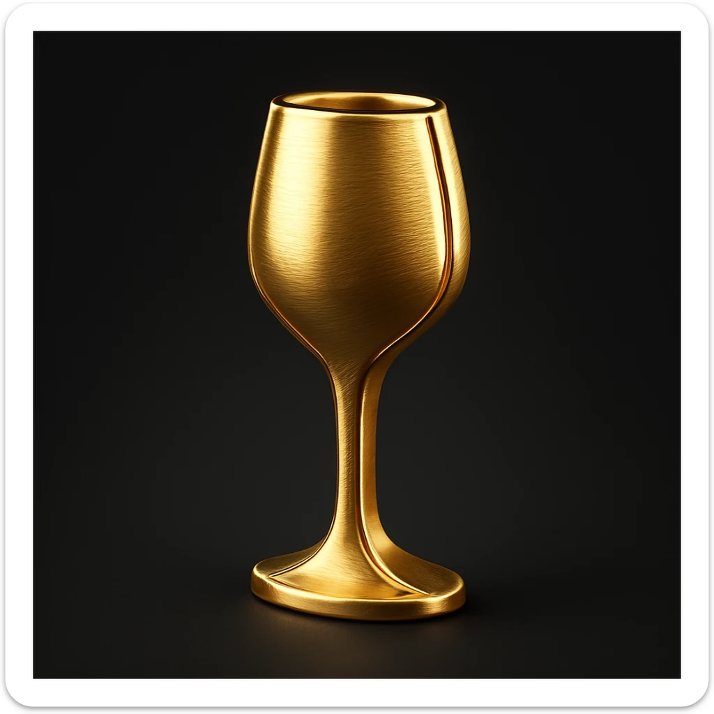 Create a simple and luxurious icon style of a wine glass silhouette in gold color on a black background, inspired by the second reference wine glass. sticker