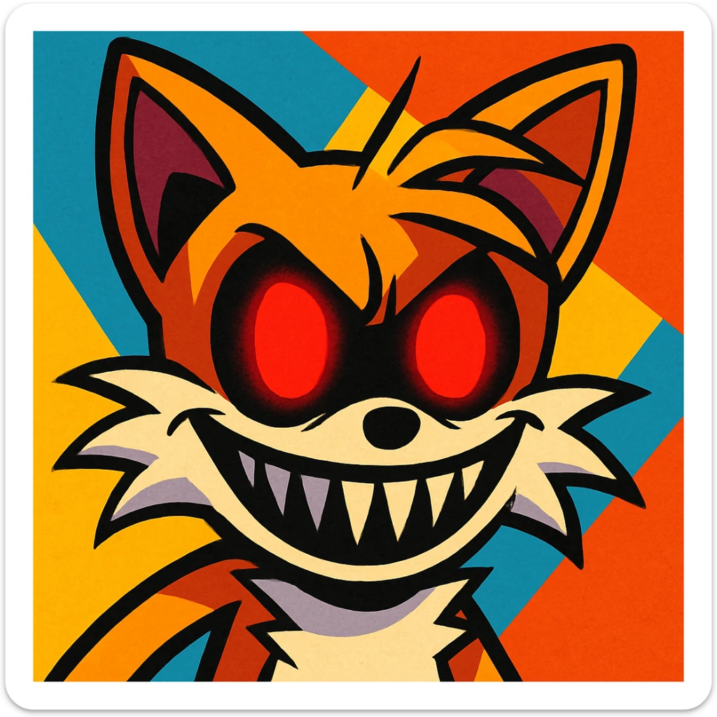 Tails from Sonic, horror cartoon style, only the face, glowing red eyes, sinister grin, bright and vivid background, not dark sticker