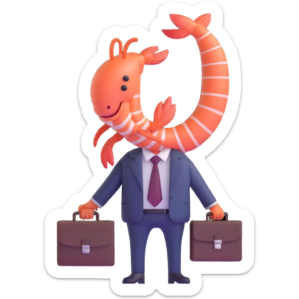 shrimp wearing business suit with briefcase, businessman shrimp, memoji style sticker