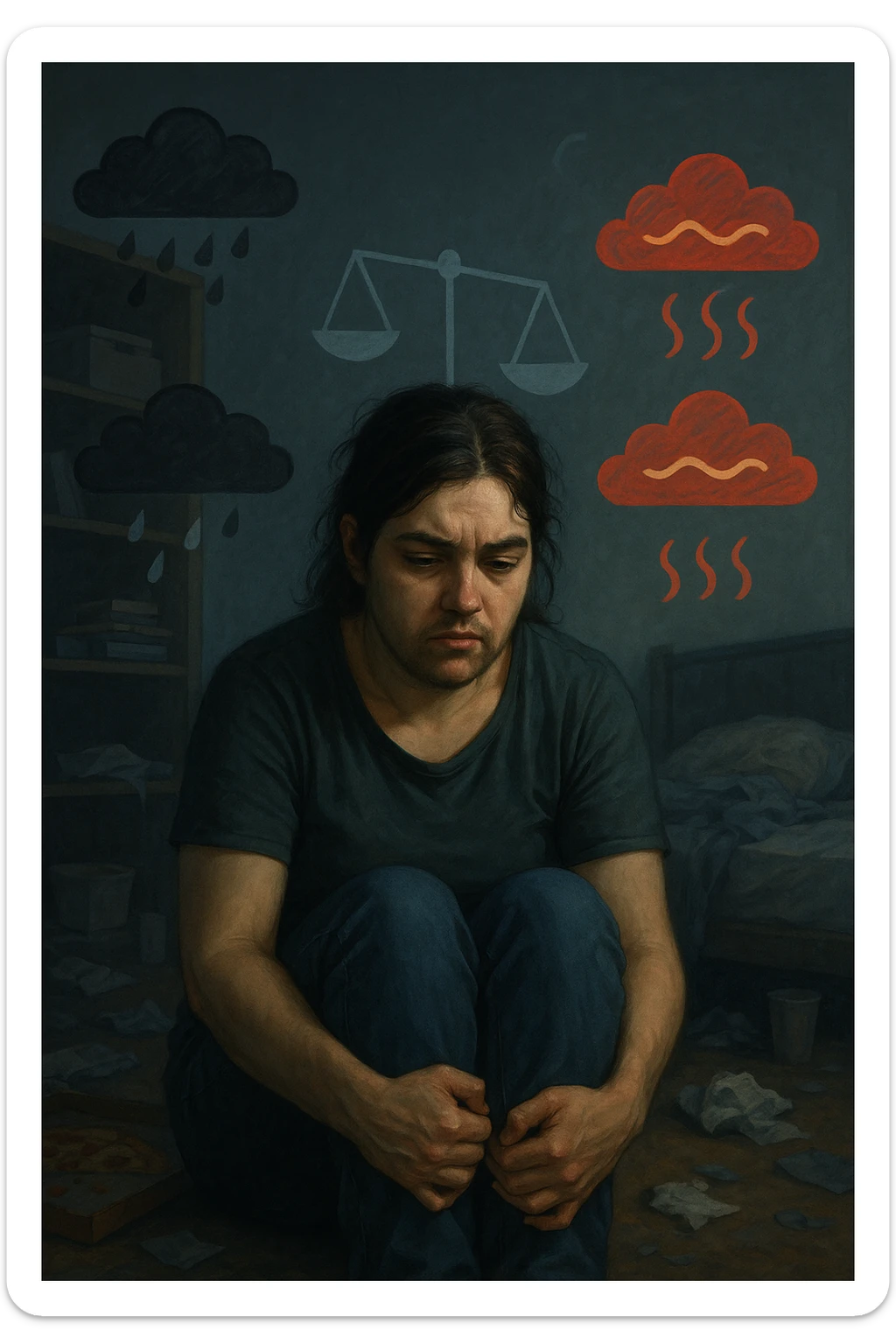 Donna tra i 25 e i 35 anni seduta da sola in una stanza, con lo sguardo basso e un’espressione di frustrazione e stanchezza. Sul volto si notano peli visibili sul mento e sopra il labbro, simbolo di irsutismo. Intorno a lei, l’ambiente appare disordinato, con luci fredde e atmosfera pesante. In trasparenza, simboli stilizzati di sbalzi d’umore (nuvole scure e rosse alternate a simboli di calma), e una bilancia emotiva sbilanciata. Le mani stringono le gambe, in gesto di disagio fisico ed emotivo. Colori cupi con accenti contrastanti. Stile realistico con elementi simbolici sticker