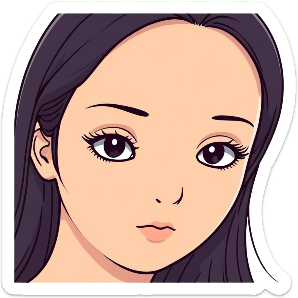 White girl with long oval shaped face, large almond shaped eyes with long eyelashes, long straight black hair falling in front of her bare shoulders, face closeup sticker