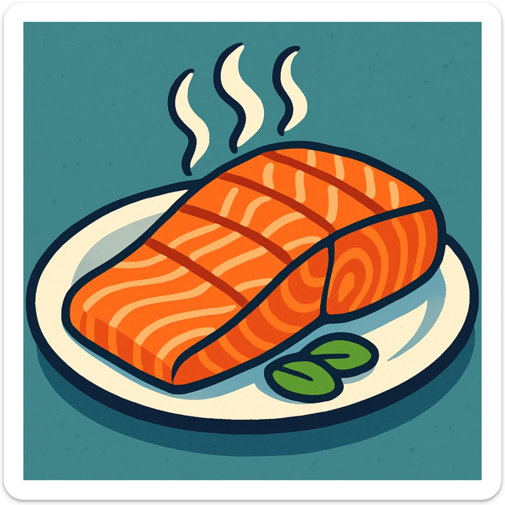 vibrant, appetizing cartoon style salmon fillet on a plate with steam rising sticker